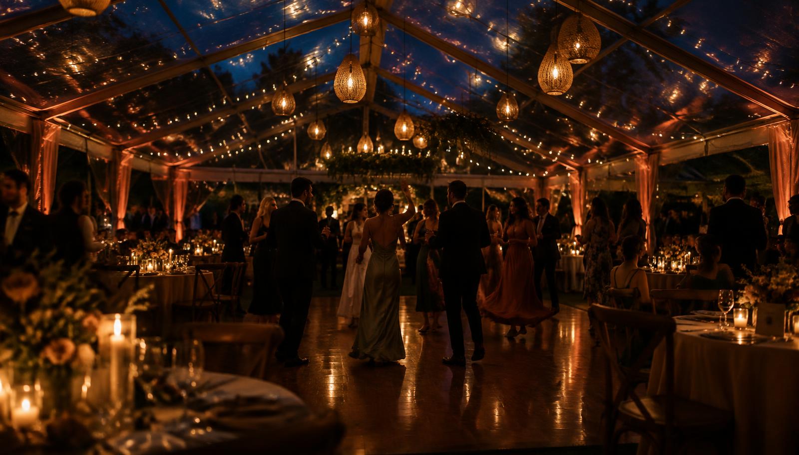 Guests dancing under glowing string lights inside a clear-top tent at night