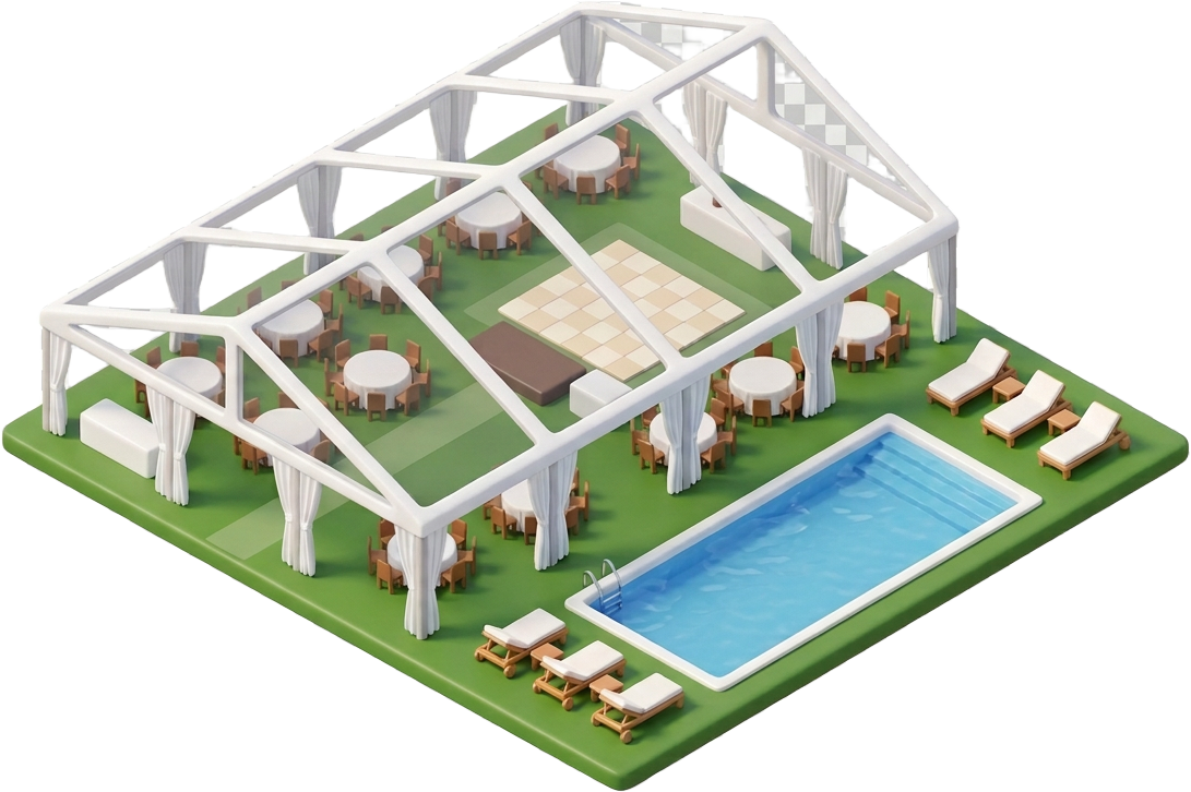 Isometric event layout with a clear-top frame tent, round tables, dance floor and pool
