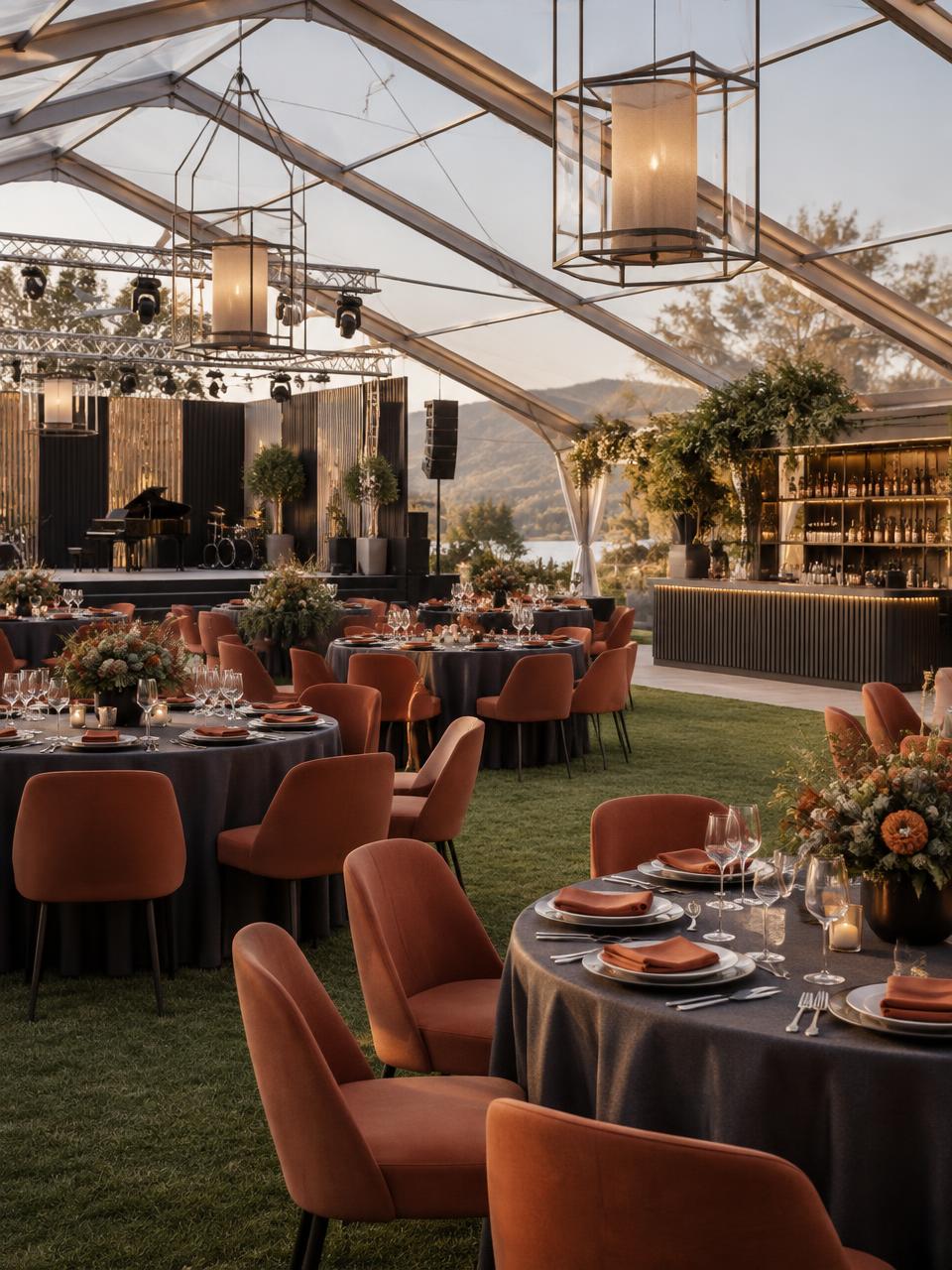 Modern corporate dinner inside a clear-top frame tent