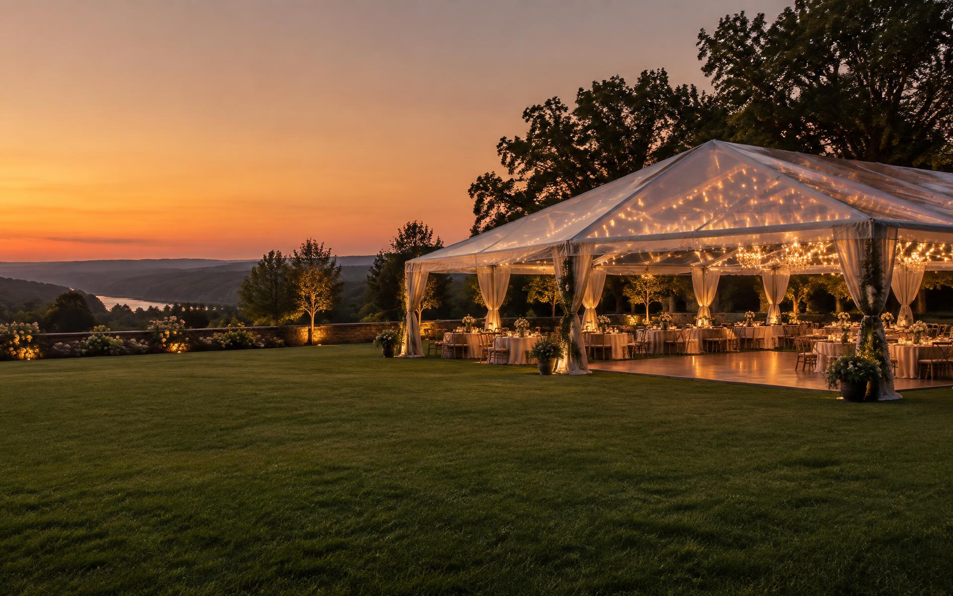 Estate lawn and illuminated event tent at sunset
