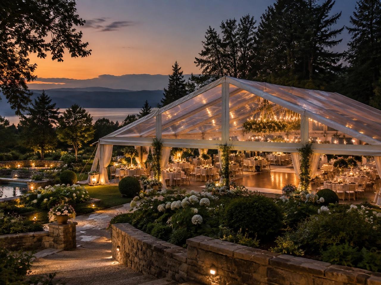 Garden wedding beneath a clear-top frame tent