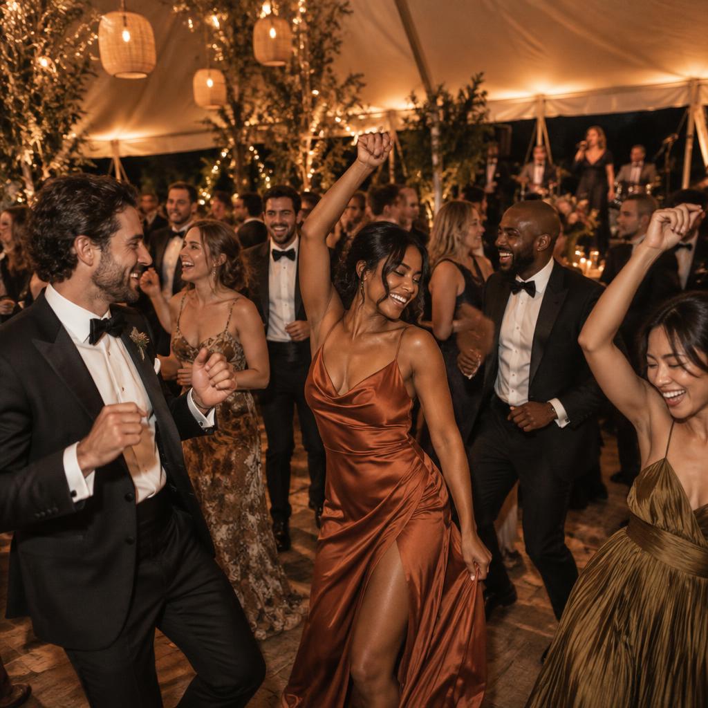Happy gala guests dancing beneath warm tent lights