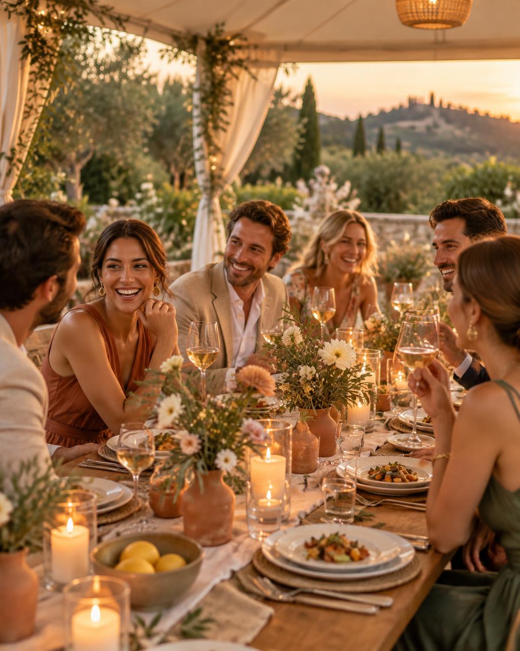 Friends smiling around a garden dinner table at sunset