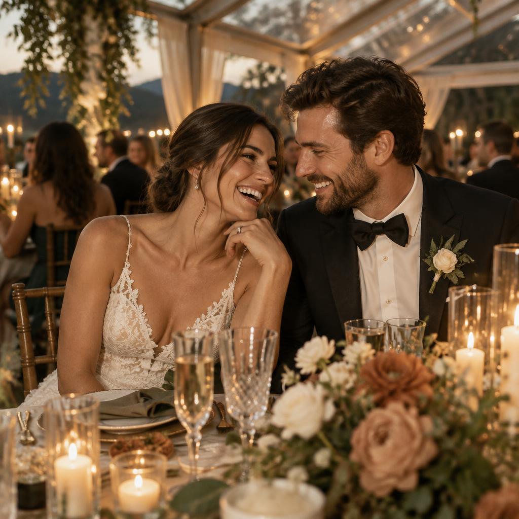 Newlywed couple laughing together at their reception dinner