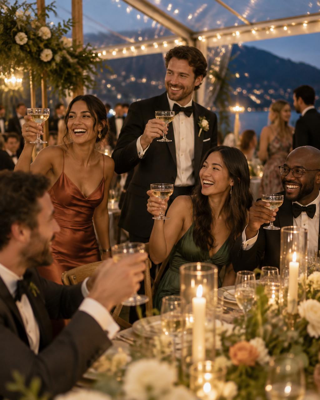 Wedding guests smiling and raising glasses beneath a clear-top tent